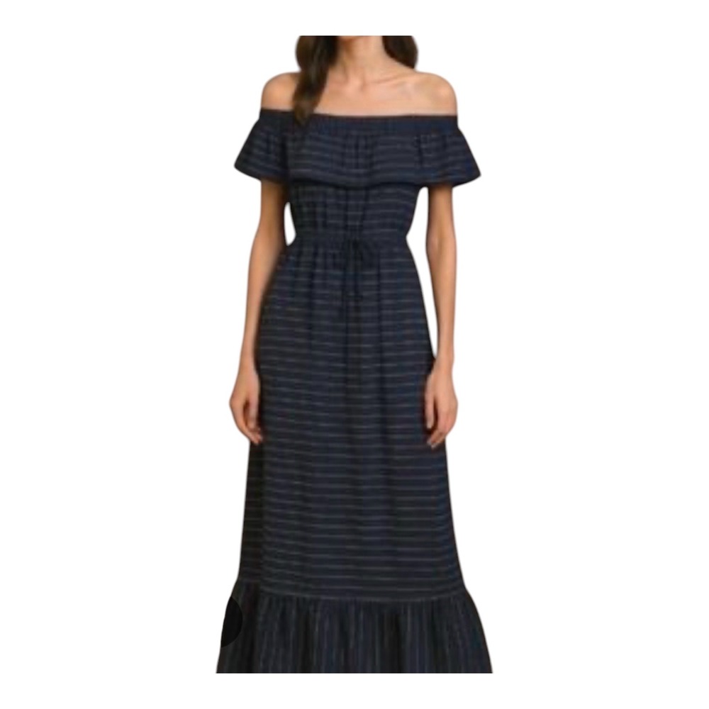 Soho Street New‎ York & Company Navy Pinstripe Linen Off Shoulder Maxi Dress